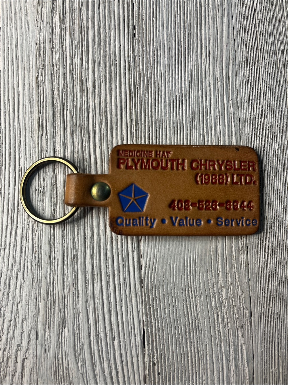 Vintage Medicine Hat Plymouth Chrysler Leather Keychain 1988